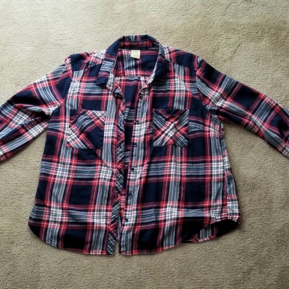 Red, white blue plaid button and down top